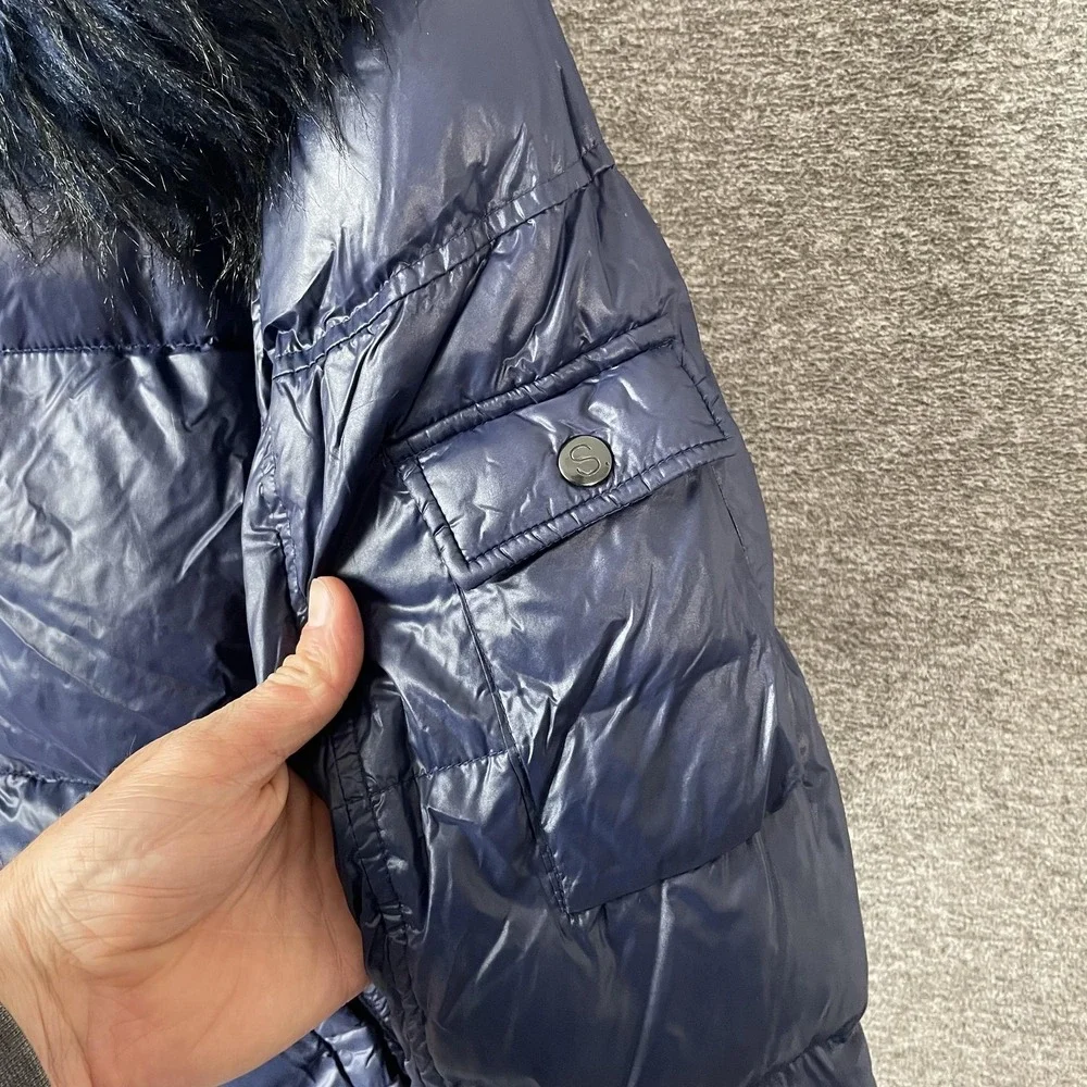 S13‎ NY Down Puffer Jacket Womens XL Blue Faux Fur Hood Short Zip Warm Winter